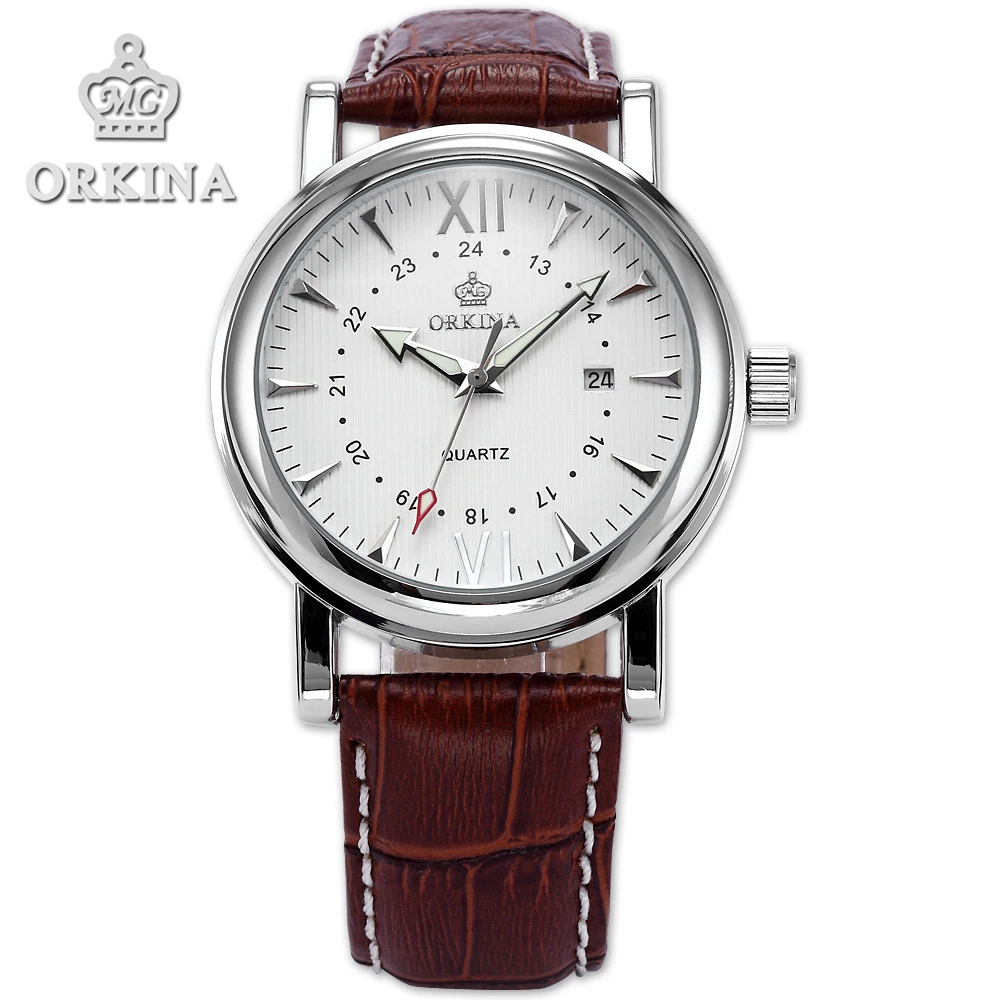 Achat Orkina Marque Classique Brun En Cuir Argent Cas Date Quartz 2016 nouvelle Horloge Hommes Robe Montre Cool Horloges Mannen Avec Cadeau boîte