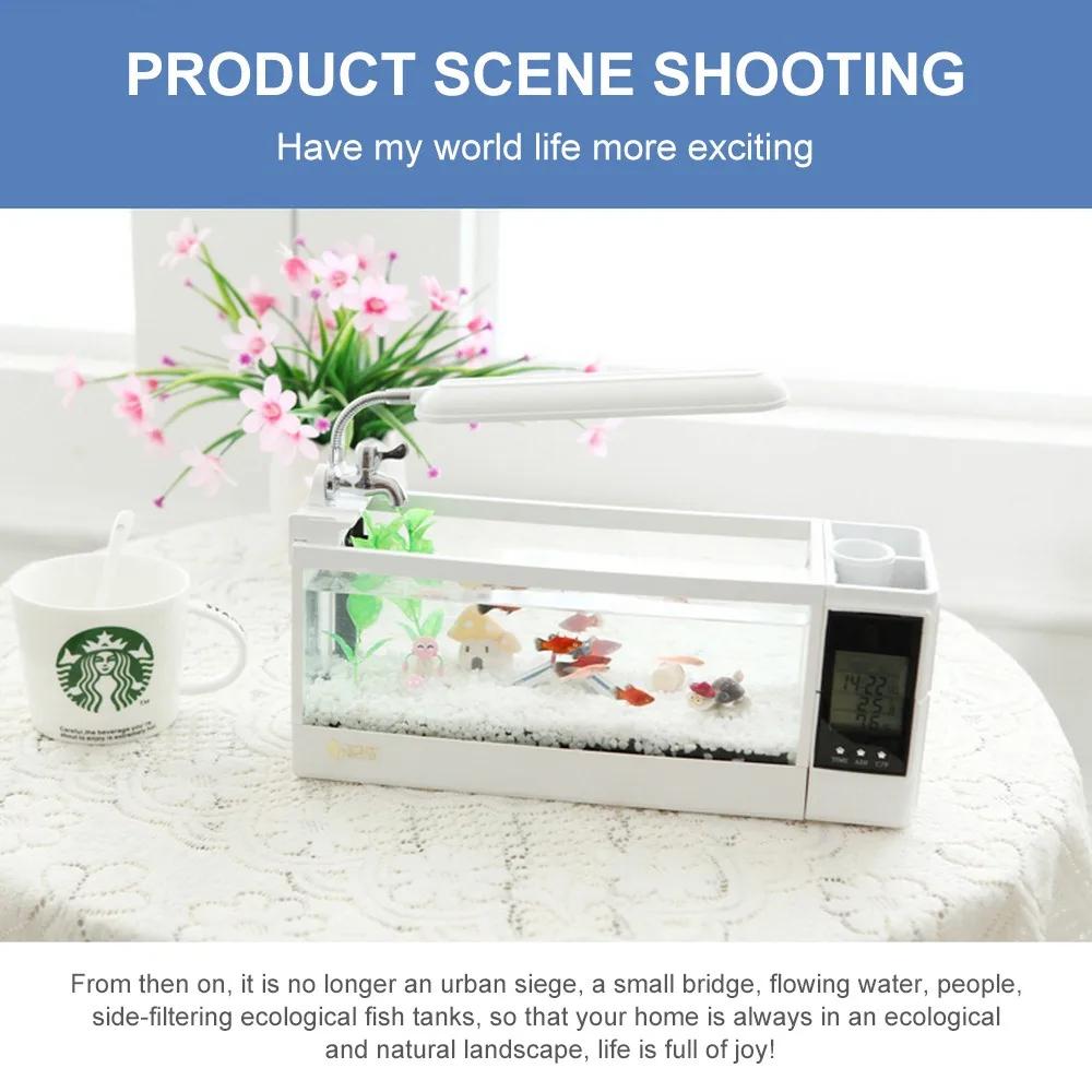 Mini Aquarium 1.5L Fish Tank aquario Aquarium With LED Light LCD Display Screen&Clock аквариум рыбки Desktop Fish Tanks