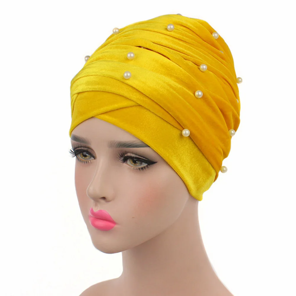 Женские Роскошные Жемчужные бархатные длинные банданы, выпадение волос, головной убор, шапка, мусульманский тюрбан, индийский длинный шарф-снуд на голову, хиджаб