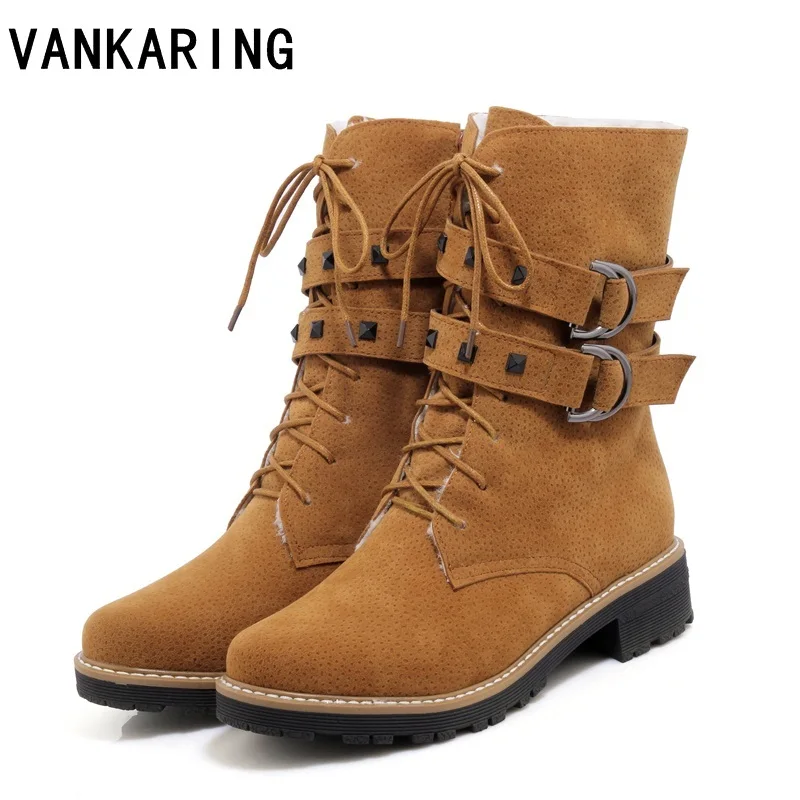 

VANKARING brand shoes ankle boots for women faux fur women's winter snow boots lace up rivets punk warm boots female footwear