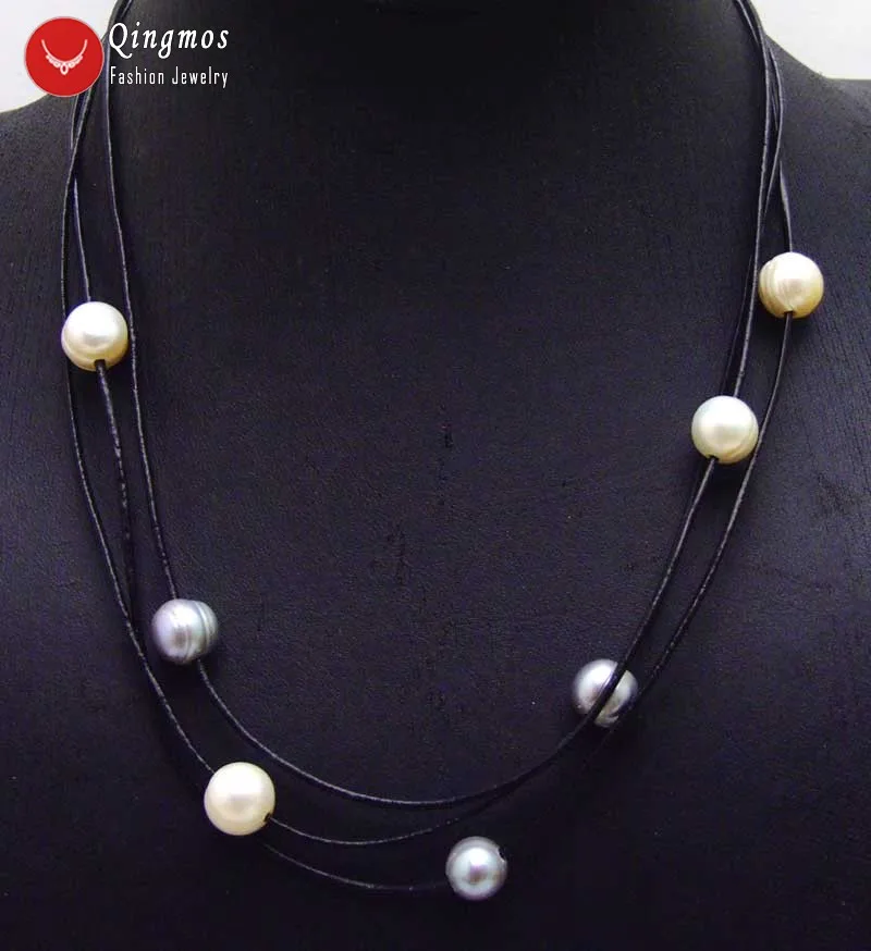 

Qingmos 10mm Natural White Gray Pearl Necklace for Women with Potato Pearl Pendant Necklace Leather 3 Strands Chokers Necklace