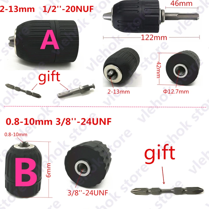 

0.8-10mm 3/8''-24UNF OR 2-13mm 1/2''-20UNF Chuck Keyless for BOSCH MAKITA HITACHI DeWALT