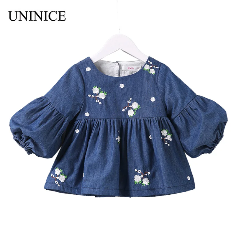 

UNINICE Girls Dresses 2018 Brand Spring Dress For Baby Girls Cotton Embroidery Flower Lantern Sleeve Dress Toddler Kids Clothes