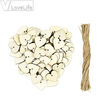 

100Pcs DIY Heart Wood Natural Twine Blank Slices Discs Wood Heart Love Blank Unfinished Natural Crafts Supplies Wedding Ornament
