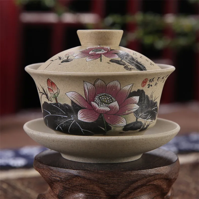 

130ml Teaware Antique Coarse Pottery Hand Painted Gaiwan Tea Cup Ceramics Cup Kung Fu Tea Set Bowl Chinese Tea Master Cup Tureen