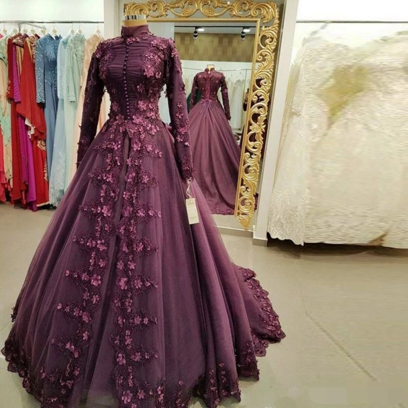 Роскошное платье для выпускного вечера с 3D розами, высоким воротником и длинным рукавом,, с аппликацией винограда, мусульманское, дубайское, арабское, Caftan, вечернее платье