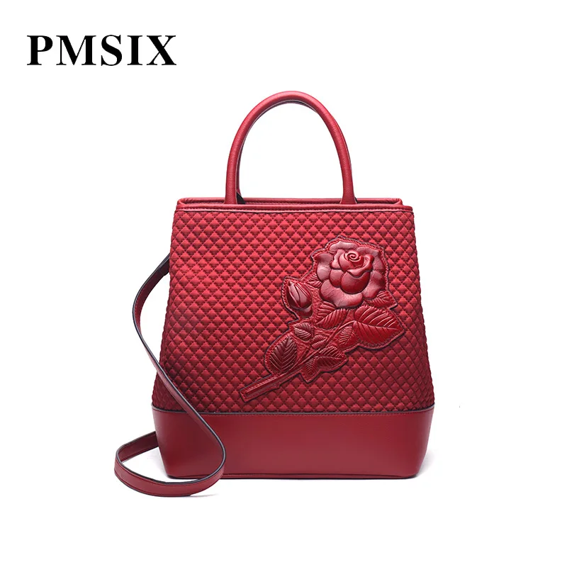 

PMSIX 2019 casual zipper Embossed Floral canvas bag Fashion women shoulder bag Red Designer Handbags