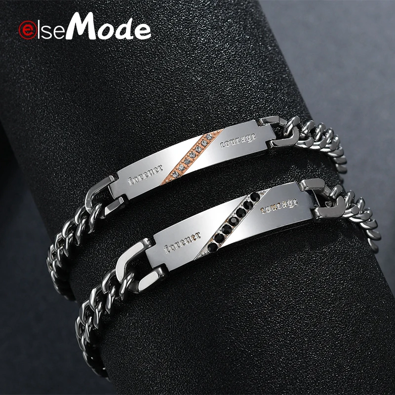 

ELSEMODE New Arrival Courage Rhinestone Couples Bracelets for Women Men Stainless Steel Bracelet Jewelry Drop Shipping