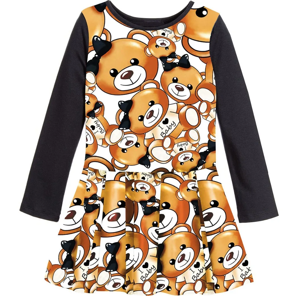 Платье для маленьких девочек, платья с длинными рукавами для девочек, детская одежда с принтом медведя, Повседневная Новая модная детская одежда