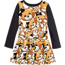 Платье для маленьких девочек, платья с длинными рукавами для девочек, детская одежда с принтом медведя, Повседневная Новая модная детская одежда