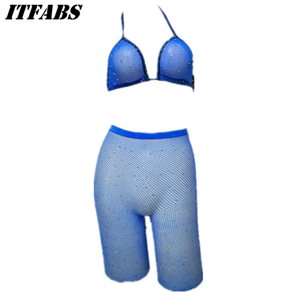 Новые Сексуальные женские стразы набор, Сетчатое бикини с бретельками+ ажурные шорты с высокой талией, пляжная одежда, ночная сорочка, нижнее белье - Цвет: Синий