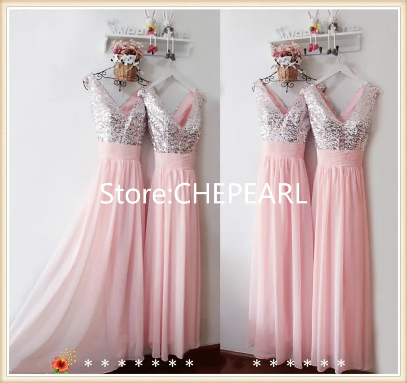 Изготовленное на заказ блестящее длинное Розовое Шифоновое платье подружки невесты с блестками Формальные Свадебные Вечерние платья новое поступление