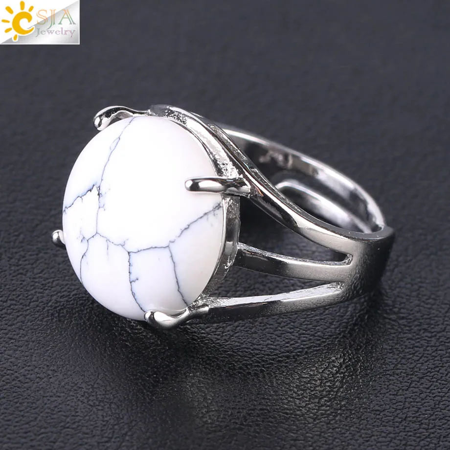 CSJA уникальное кольцо для женщин, натуральный камень, круглые бусины, повседневные кольца на палец, Фиолетовый Кристалл, кварц, серебряный цвет, вечерние ювелирные изделия F476 - Цвет основного камня: White Turquoise