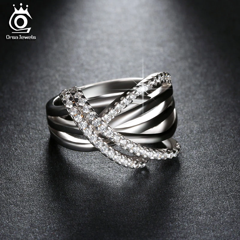 

ORSA JEWELS 2019 Luxury Women Silver Color Ring with 48 Pieces AAA Cubic Zirconia Unique Cross Design Ring For Women OR82