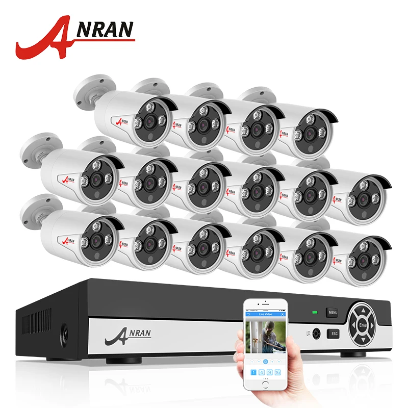 

ANRAN 16CH CCTV Camera System 1080N AHD DVR Kit 720P 1800TVL IR Weatherproof Outdoor Camera Home Surveillance Camera Email Alert