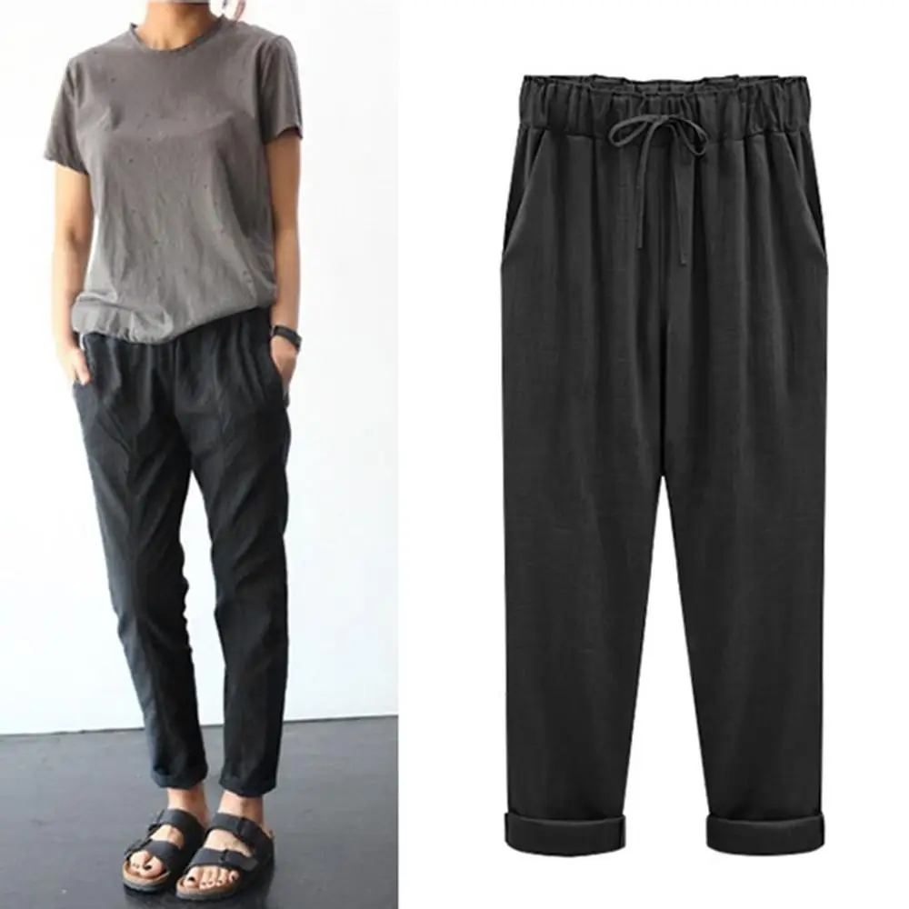 

Women Plus Size Cuffed Ankle Length Cropped Pants Solid Color Loose Casual Harem Trousers Drawstring Waist Thin Streetwear M-5XL