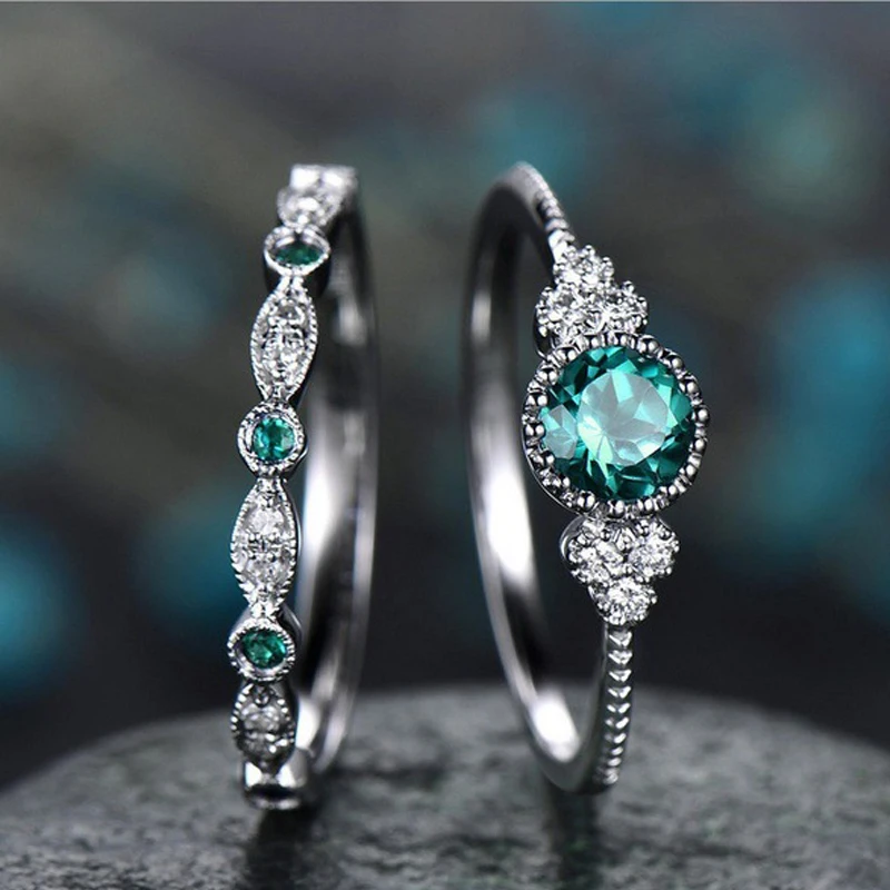 

Entry Lux Ring Set For Women Romantic Green Blue Cubic Zirconia Silver Color Engagement 2 PCS Gift Fashion Jewelry KAR220