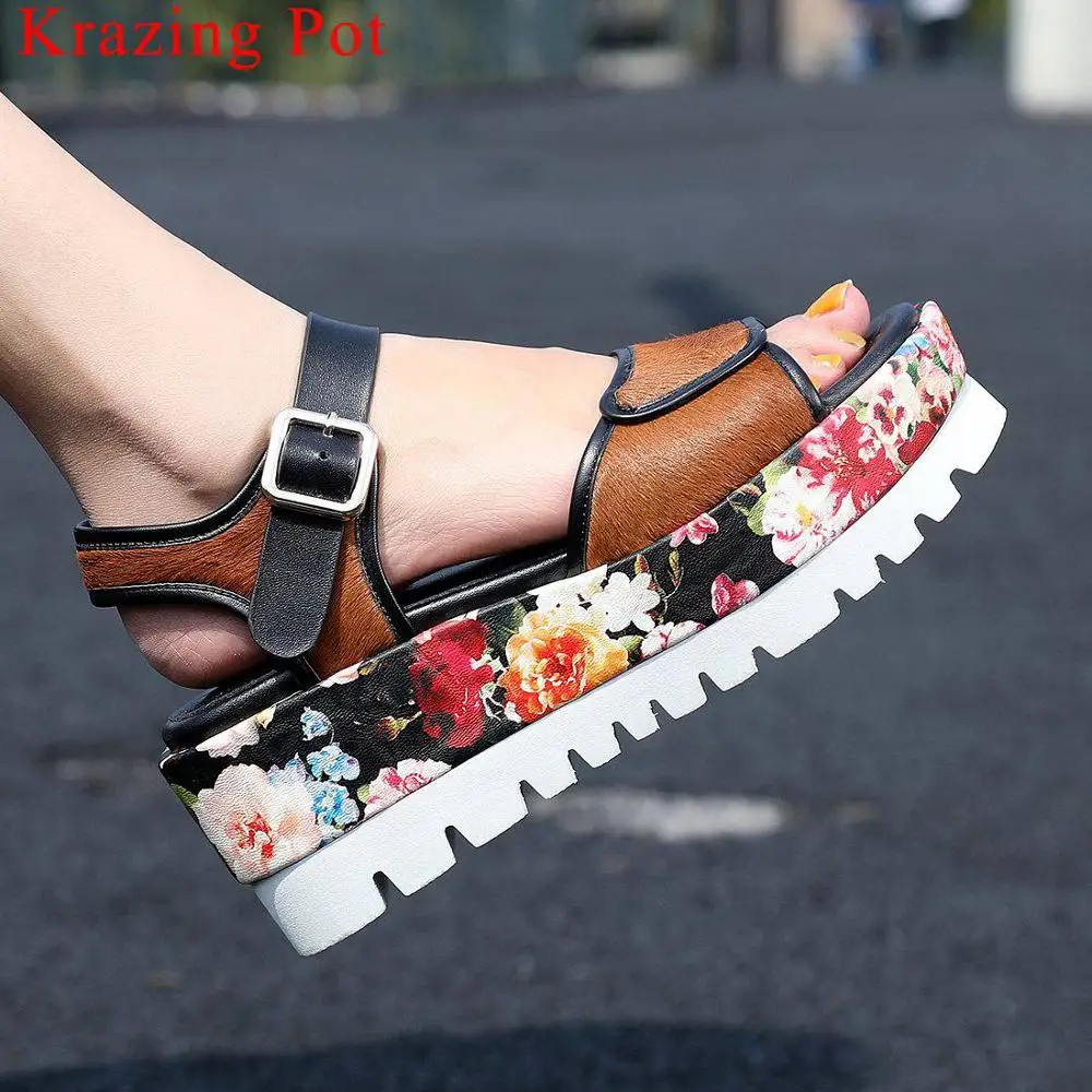 

large size cow leather luxury horsehair waterproof flower print peep toe buckle strap women sandals high bottom daily shoes L55