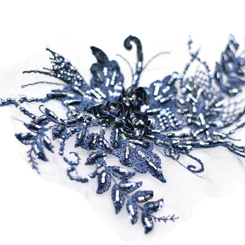 

2PC 3D Beaded Lace Applique Embroidered Flower Fabric Lace Trim For Decorate Wedding Dress Veil Garment Accessories