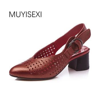 

MUYISEXI Women Hollow Genuine leather Round Toe Shallow Women Pumps Square Heel Slingbacks Summer Heels Pumps 33-43 BLD03
