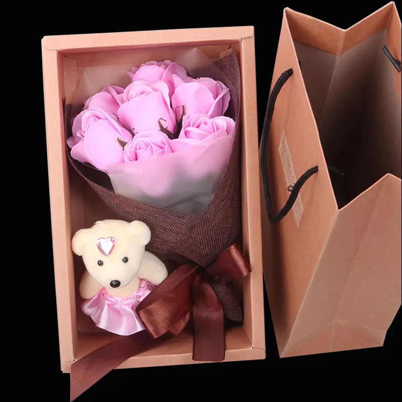 7 шт./кор. букет роз+ медведь творческие подарки мыло цветок романтический подарок на день Святого Валентина на день матери, подарок на день рождения, пена для ванны букет