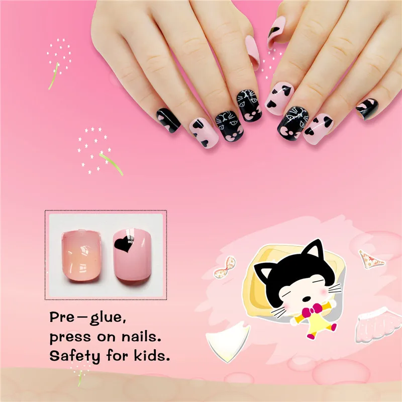 Press On Kids False Nails With Designs 72 Pcs Cat Sweet Full Cover Press On Kids False Nails With Designs 72 Pcs Cat Sweet Full Cover