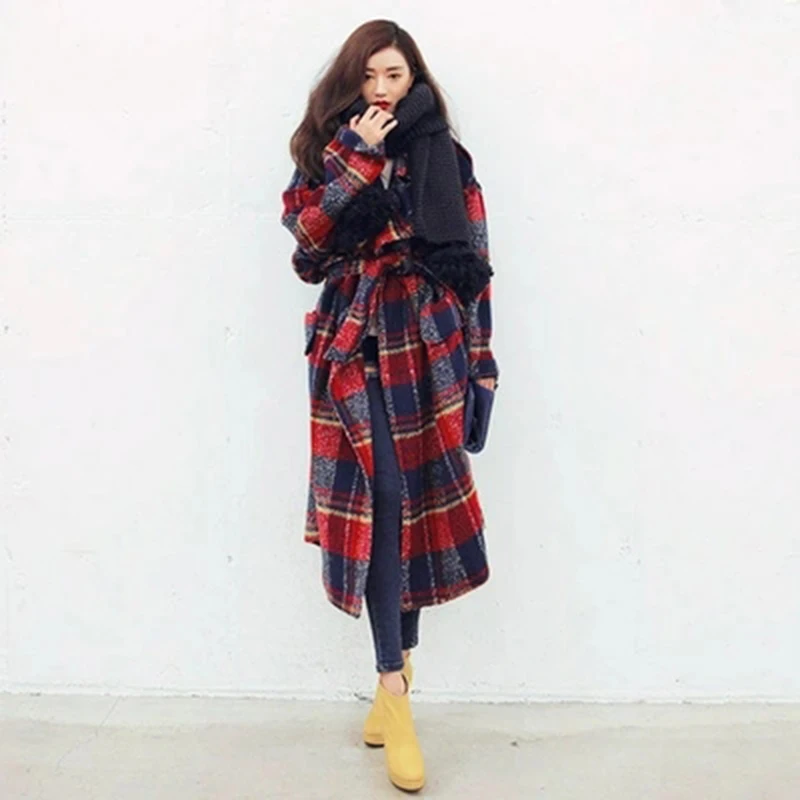 

2019 Fall New Arrival Lady Long Thick Plaid Woolen Coat Winter Women Outwear