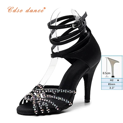 Black 8.5cm heel Cdso танцевальные женские черные атласные туфли для латинских танцев женские вечерние туфли со стразами для сальсы свадебные туфли на высоком каблуке 8,5 см с мягкой подошвой - Цвет: Black 8.5cm heel
