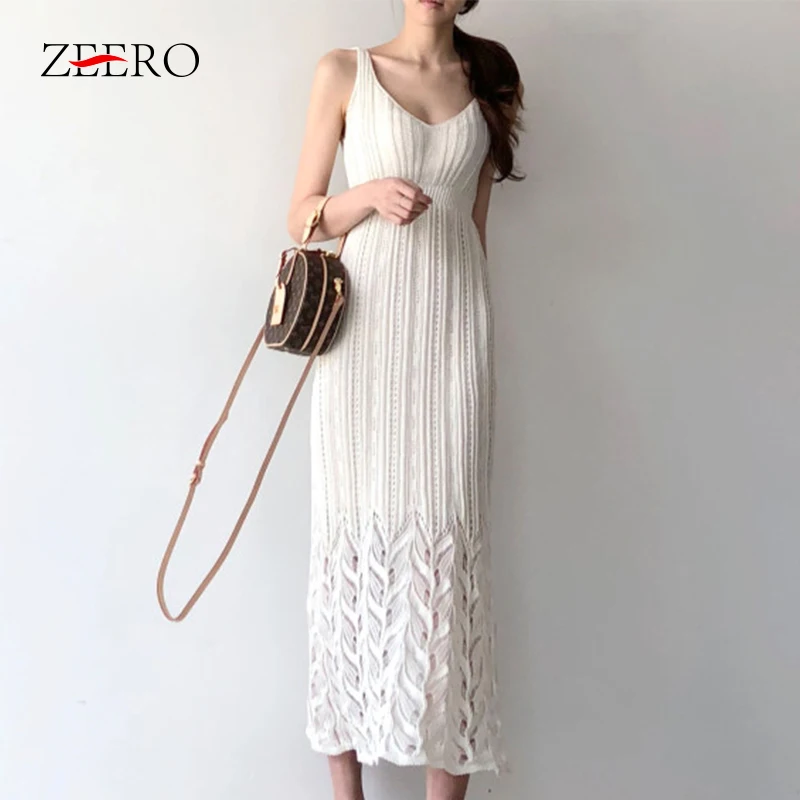 

2019 Summer Knitted Women Dress Fashion Hollow Out Sweater Knitted Dress Sleeveless Casual Maxi Long Knitted Elastic Dresses