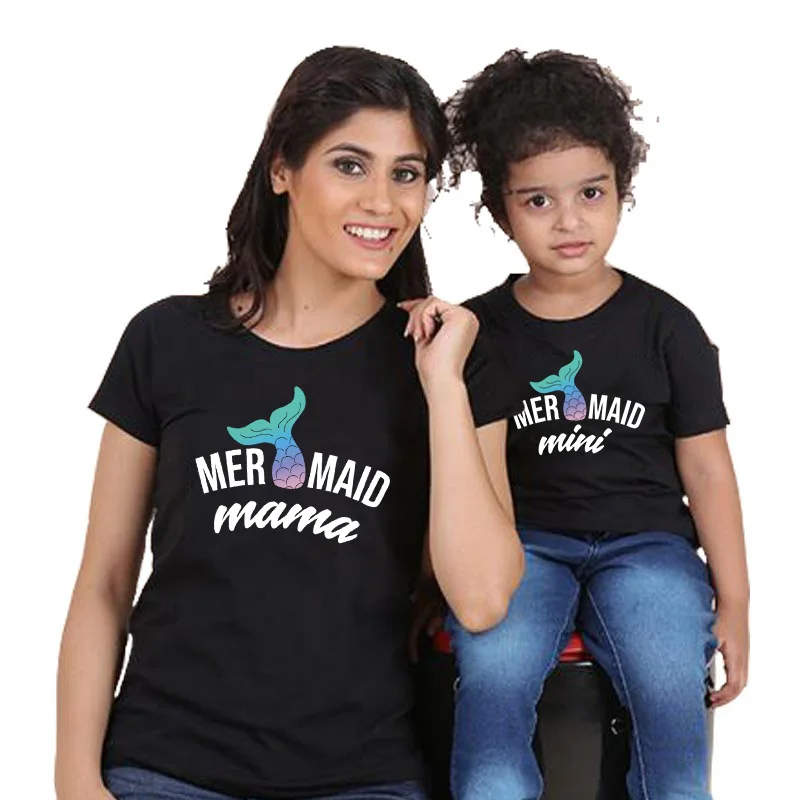 Одинаковая одежда для всей семьи «Мама и мини я» футболка для мамы и дочки, комплекты для мамы и ребенка «большие маленькие сестры», «русалочка» - Цвет: black