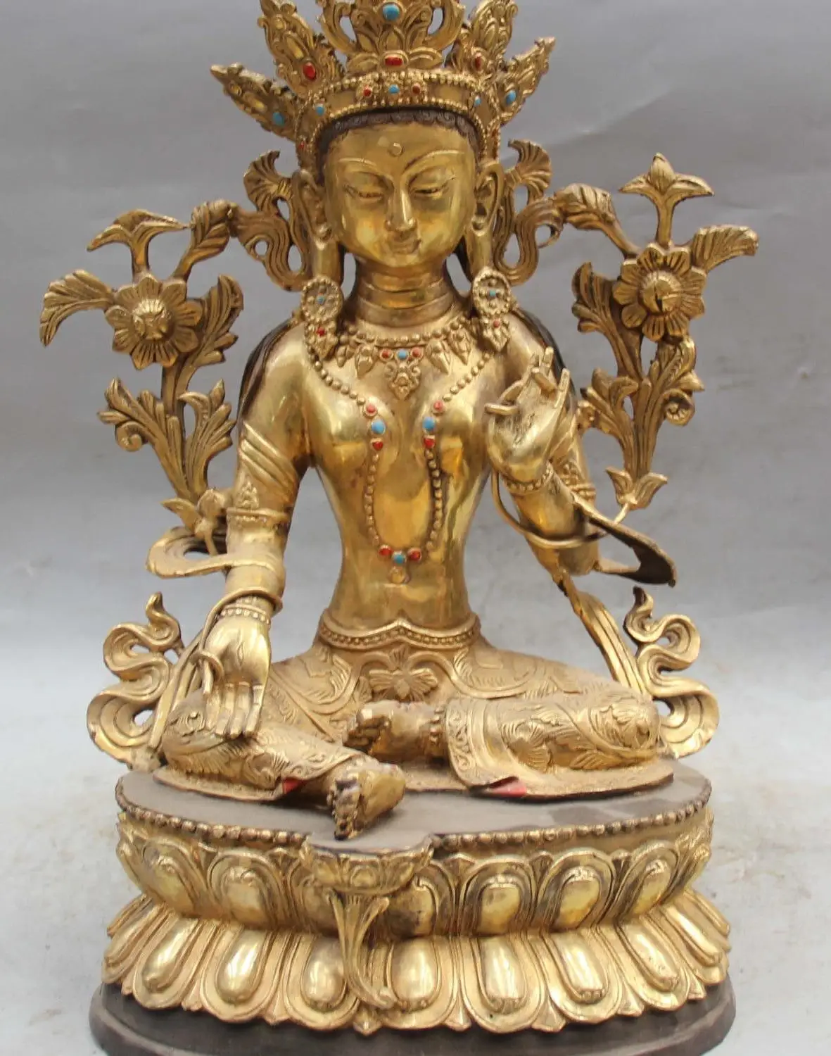 

16" Chinese Tibetan Bronze Gilt Turquoise Coral Green Tara Godness Buddha Statue