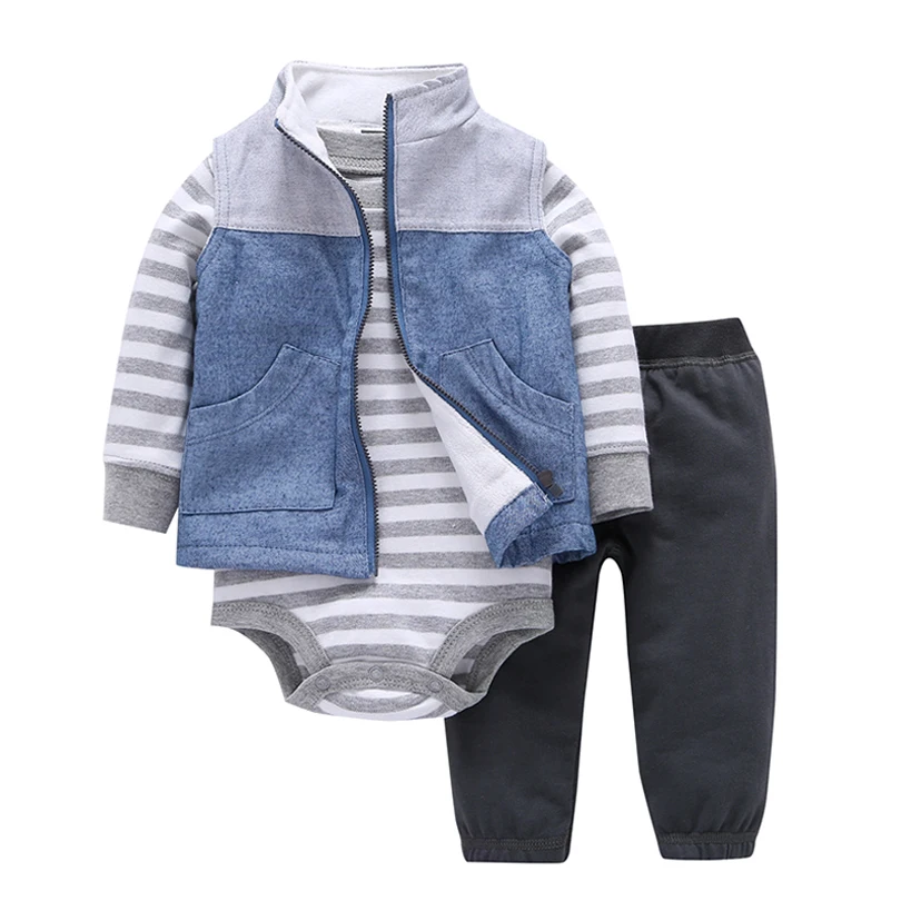 2018 free ship Spring Autumn kids Baby boy Clothing Suit Long Sleeve gray Printing stripe suit  bebes Kids Cotton Set