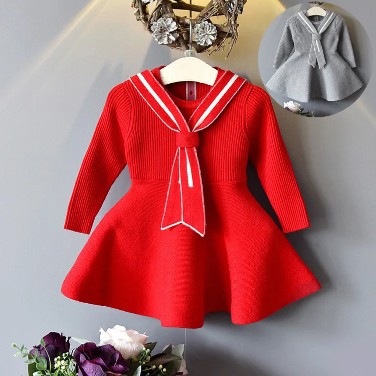 

2018 autumn sweater girl dress new Korean children's core cotton sweater dress girl streamers casual solid color