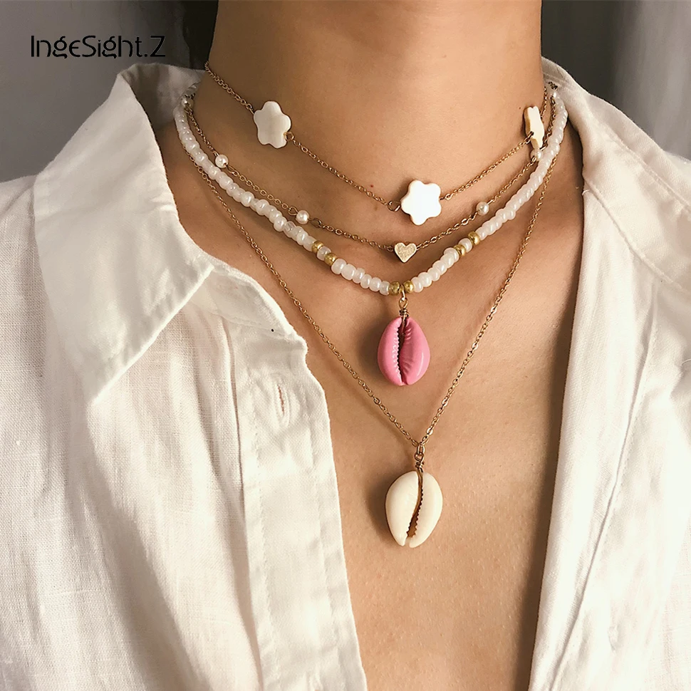 

IngeSight.Z 2Pcs/Set Bohemian Multi Layered Pearl Choker Necklace Collar Statement Natural Shell Pendant Necklace Women Jewelry