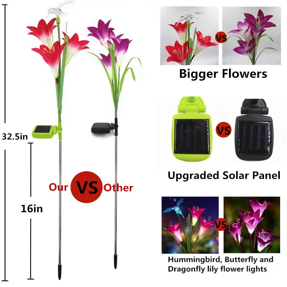 3 упаковки, уличные солнечные садовые фонари на солнечных батареях, многоцветные меняющиеся огни с цветами лилии, бабочками, колибри, стрекоза