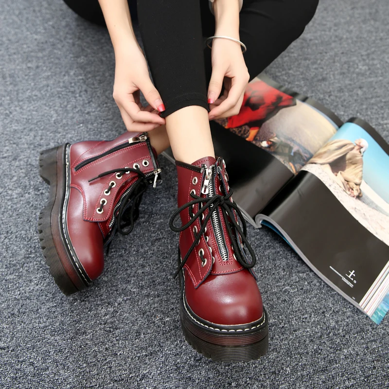 

Casual Boots Women 2019 Round Toe Ladies Shoes Front Lace-Up Women Platform Boots Non-Slip Zipper Martin Boots Botas Feminina