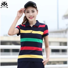Высокое качество летняя новая женская с короткими рукавами полосатые Поло Рубашки повседневные Хлопковые женские поло с отворотом модные тонкие женские футболки