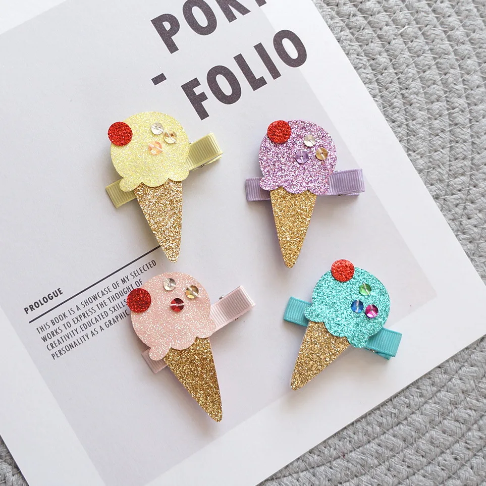 

Boutique 20pcs Fashion Cute Felt Icecream Hairpins Kawaii Solid Glitter Icecream Cone Hair Clips Princess Headwear Accessories