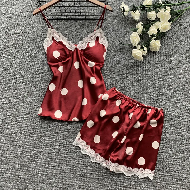 Women's Sleepwear Sexy Satin Pajama Set White Lace V-Neck Polka Dot Pyjamas Sleeveless Cute Cami Top and Shorts Women's Sleepwear Sexy Satin Pajama Set White Lace V-Neck Polka Dot Pyjamas Sleeveless Cute Cami Top and Shorts