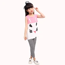 2018 Kids Girls Clothes Set Baby Girl Summer Sleeveless Print T-Shirt + Stripe Pant Leggings 2PCS Outfit Children Clothing Set