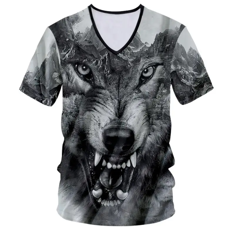 UJWI Мужская футболка с v-образным вырезом с крутым принтом Crazy Wolf 3D Футболка Мужская Бодибилдинг Фитнес футболка для тренировок короткий
