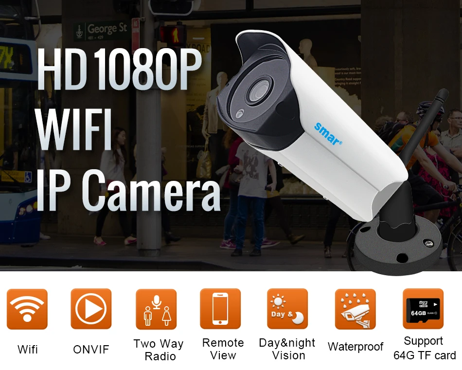 Smip-камера Wifi 1080P ONVIF Беспроводная Проводная P2P CCTV Bullet уличная камера с разъемом для карты MiscroSD Max 64G