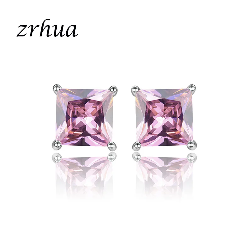ZRHUA 925 пробы серебряные высококачественные серьги-гвоздики ювелирные изделия женские аксессуары квадратные винтажные шикарные кубические цирконы 4 когти 8 цветов