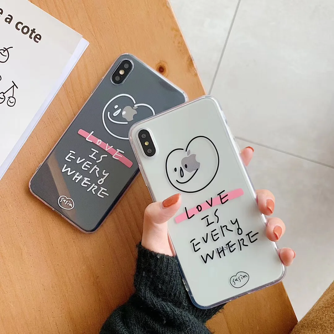 

INS Korea transparent smiley English Phone case For iphone Xs MAX XR X soft TPU For iphone 6 6s 7 8 plus simple couple Cover