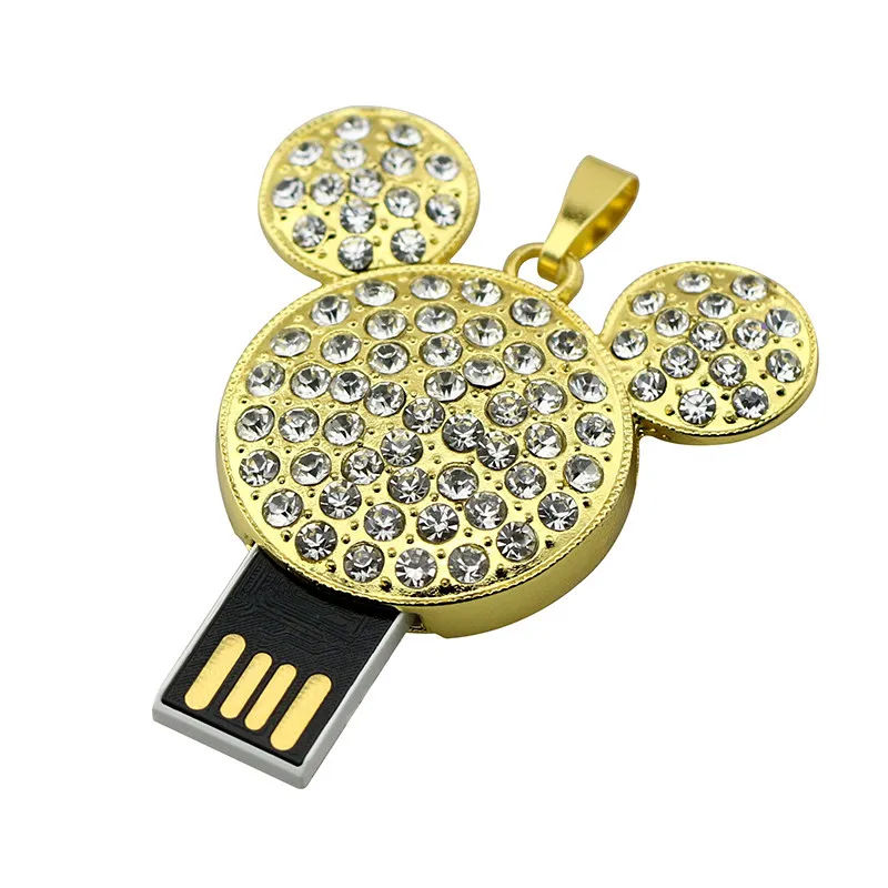 Золотой 64 Гб металлическая Флешка с Микки Маусом 32 Гб USB флеш-накопитель 16 ГБ 8 ГБ флеш-накопитель Кристальное Ожерелье Подвеска Memorias USB Флешка флешка - Цвет: Золотой