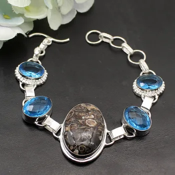 

Hermosa Rare Stylish Natural AmmoniteJasper BlueTopaz Chain Links Bracelet 8 Inch A385 Free Shipping