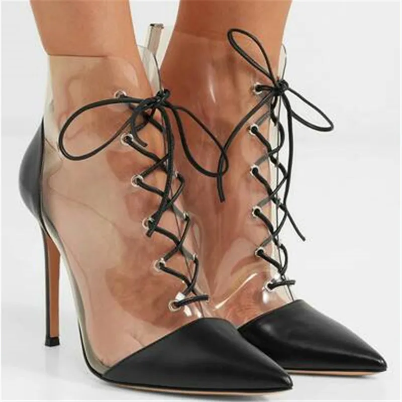 

Spring Transparent PVC Patchwork Pointed Toe Ankle Boots Lace Up Stiletto High Heels Lucency Short Boots Rome Boots