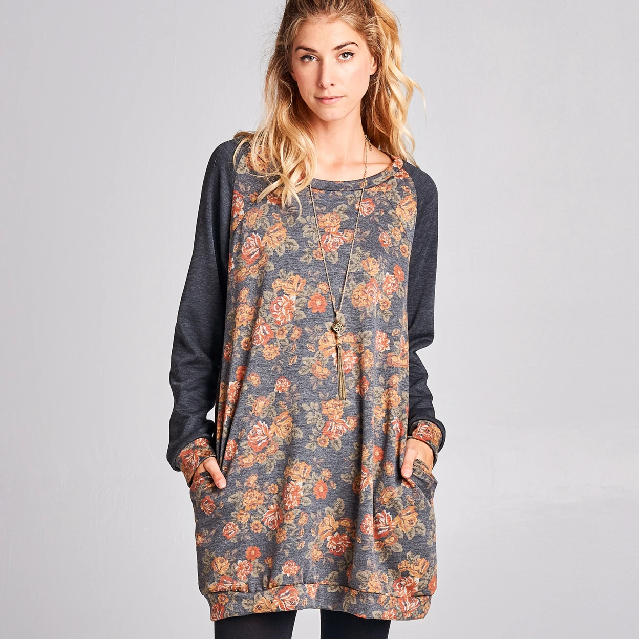 Floral French Terry Sweatshirt Dress with Pockets (2)