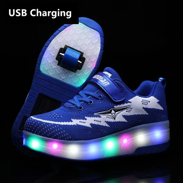 Eur28-43 два кроссовки с колесиками usb зарядка светящийся светодиодный осветительный прибор вверх Heelies колеса для роликовых коньков обувь для мальчиков и тапочки для девочек - Цвет: jiandian Blue