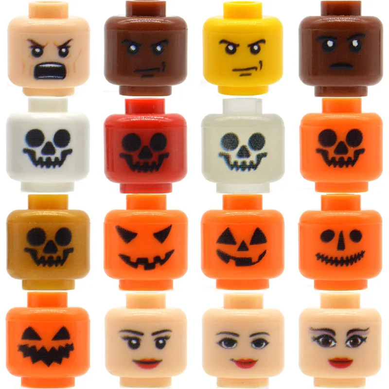 

10pcs/lot Brick Heads Custom Printed Pumpkin Skeleton Facial Expression for MOC Complexion Construction Blocks Building Toys